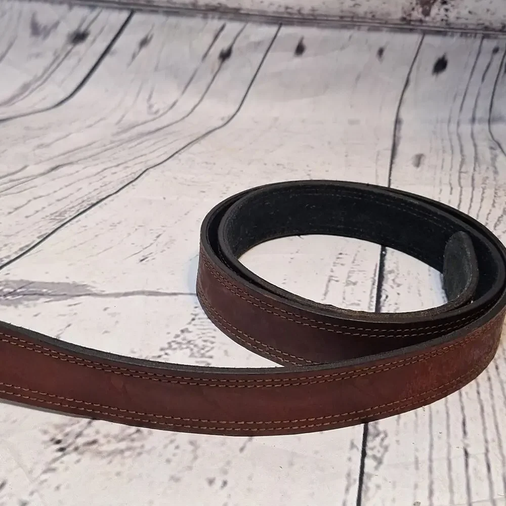 Brown Genuine Leather Belt Double Stitch Silver Tone Buckle Classic SzL 56